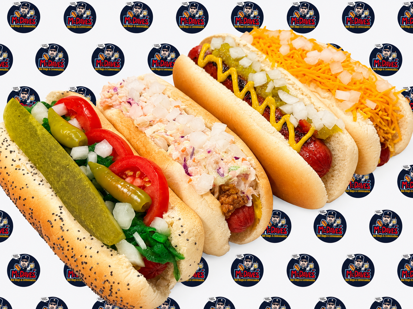 Multiple McDave’s hotdogs stacked on McDave’s logo background